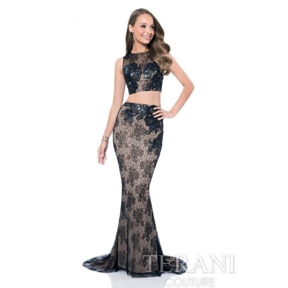 NWT Terani Couture Black Nude Two Piece Gown $448 - Picture 2 of 14